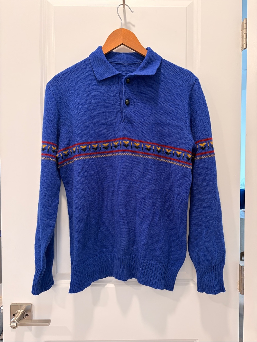 Vintage Blue Polo-Style Knit Sweater with Multicolor Fair Isle Band